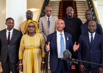 CAF President Patrice Motsepe (middle lower front row) with Seengal Football Federation Executives Photo Credit: CAF