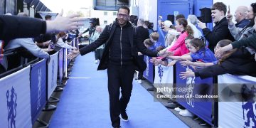 Liam Rosenior, head coach of Chelsea, arrives ahead of the Premier League match between Chelsea and Manchester United (Photo by James Gill - Danehouse/Getty Images)