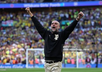 Pep Guardiola, Manager of Manchester City, celebrates after Nico Gonzalez (not pictured) scored the team's second goal during the Emirates FA Cup Semi Final match between Manchester City and Southampton (Photo by Michael Regan - The FA/The FA via Getty Images)