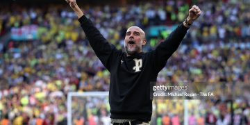 Pep Guardiola, Manager of Manchester City, celebrates after Nico Gonzalez (not pictured) scored the team's second goal during the Emirates FA Cup Semi Final match between Manchester City and Southampton (Photo by Michael Regan - The FA/The FA via Getty Images)