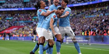 Nico Gonzalez of Manchester City celebrates scoring his team's second goal with teammates Nathan Ake, Bernardo Silva and John Stones during the Emirates FA Cup Semi Final match between Manchester City and Southampton (Photo by Justin Setterfield/Getty Images)