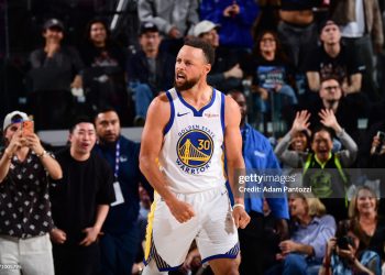 Stephen Curry #30 of the Golden State Warriors celebrates during the game against the LA Clippers during the SoFi Play-In Tournament (Photo by Adam Pantozzi/NBAE via Getty Images)
