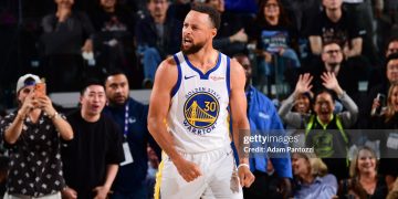 Stephen Curry #30 of the Golden State Warriors celebrates during the game against the LA Clippers during the SoFi Play-In Tournament (Photo by Adam Pantozzi/NBAE via Getty Images)