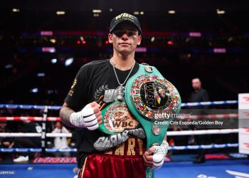 Ryan Garcia poses for a photo after his unanimous decision victory over Mario Barrios duing the WBC Welterweight Title Fight  (Photo by Cris Esqueda/Golden Boy/Getty Images)