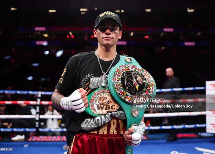 Ryan Garcia poses for a photo after his unanimous decision victory over Mario Barrios duing the WBC Welterweight Title Fight  (Photo by Cris Esqueda/Golden Boy/Getty Images)