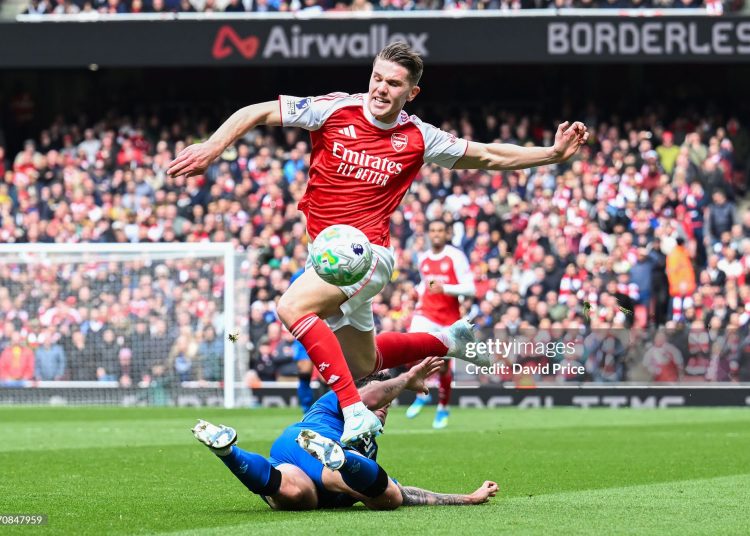 Viktor Gyoekeres of Arsenal is tackled by Marcos Senesi of AFC Bournemouth during the Premier League match between Arsenal and Bournemouth (Photo by David Price/Arsenal FC via Getty Images)