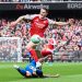 Viktor Gyoekeres of Arsenal is tackled by Marcos Senesi of AFC Bournemouth during the Premier League match between Arsenal and Bournemouth (Photo by David Price/Arsenal FC via Getty Images)