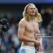 Manchester City's Norwegian striker #09 Erling Haaland reacts as he celebrates the team's victory in the English Premier League football match between Manchester City and Arsenal (Photo by Darren Staples / AFP via Getty Images)