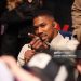 Anthony Joshua gestures towards Tyson Fury (not pictured) after the Heavyweight fight between Tyson Fury and Arslanbek Makhmudov (Photo by Richard Pelham/Getty Images for Netflix)