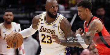 Jabari Smith Jr. #10 of the Houston Rockets defends LeBron James #23 of the Los Angeles Lakers during the second quarteri in Game Four of the First Round of the NBA Western Conference Playoffs (Photo by Tim Warner/Getty Images)