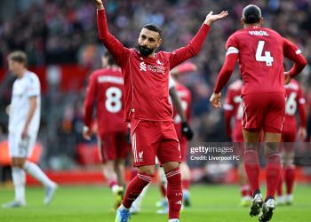 Mohamed Salah of Liverpool celebrates scoring his team's second goal during the Premier League match between Liverpool and Fulham (Photo by Liverpool FC/Liverpool FC via Getty Images)