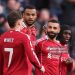 LIVERPOOL, ENGLAND - APRIL 11: Mohamed Salah of Liverpool celebrates scoring his team's second goal with teammates Cody Gakpo and Jeremie Frimpong during the Premier League match between Liverpool and Fulham at Anfield on April 11, 2026 in Liverpool, England. (Photo by Carl Recine/Getty Images)