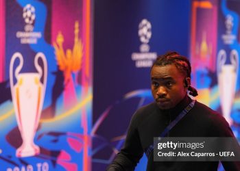 Ademola Lookman of Atletico de Madrid arrives at the stadium prior to the UEFA Champions League 2025/26 Quarter-Final First Leg match between FC Barcelona and Club Atlético de Madrid (Photo by Alex Caparros - UEFA/UEFA via Getty Images)