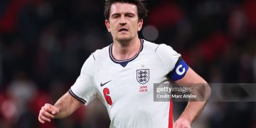 Harry Maguire of England during the international friendly match between England and Japan (Photo by Marc Atkins/Getty Images)