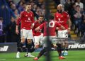 Matheus Cunha of Manchester United celebrates scoring the opening goal with Diogo Dalot, Bruno Fernandes and Bryan Mbeumo during the Premier League match between Chelsea and Manchester United (Photo by Charlotte Wilson/Offside/Offside via Getty Images)
