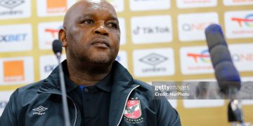 Pitso Mosimane, Animates a press conference in Algiers in Algeria on May 13, before the return match, semi-finals of the African Champions League against ESS Sétif Algeria (Photo by APP/NurPhoto via Getty Images)
