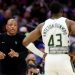 Doc Rivers talks to Thanasis Antetokounmpo #43 during the first half against the Philadelphia Sixers (Photo by Emilee Chinn/Getty Images)