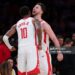 Houston Rockets center Alperen Sengun (28) and forward Jabari Smith Jr. (10) celebrate during the fourth quarter of game five of a Western Conference NBA playoff game against the Los Angeles Lakers (Robert Gauthier / Los Angeles Times via Getty Images)