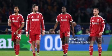 Ibrahima Konate of Liverpool reacts after his side concedes a goal during the UEFA Champions League 2025/26 Quarter-Final First Leg match between Paris Saint-Germain FC and Liverpool FC (Photo by Justin Setterfield/Getty Images)