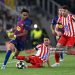 BARCELONA, SPAIN - APRIL 08: Lamine Yamal of FC Barcelona is challenged by Koke of Atletico de Madrid  during the UEFA Champions League 2025/26 Quarter-Final First Leg match between FC Barcelona and Club Atlético de Madrid at Camp Nou on April 08, 2026 in Barcelona, Spain. (Photo by David Ramos/Getty Images)