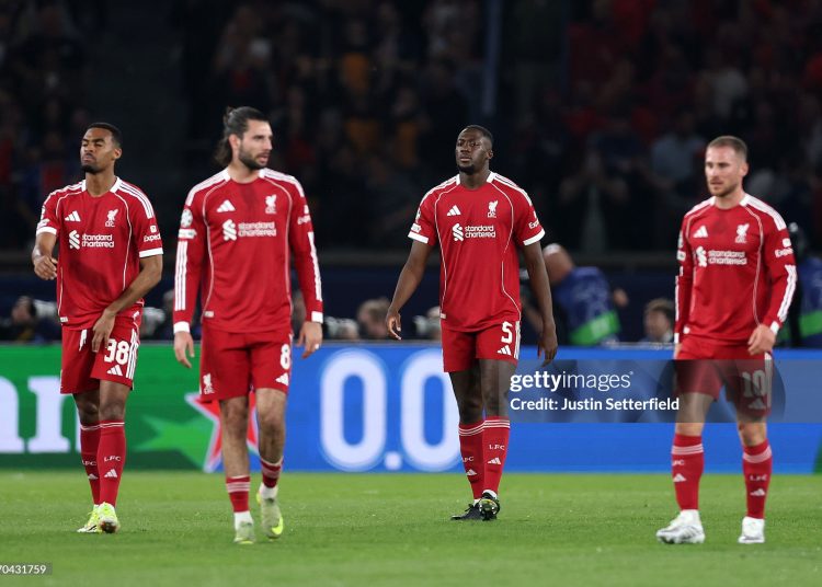 Ibrahima Konate of Liverpool reacts after his side concedes a goal during the UEFA Champions League 2025/26 Quarter-Final First Leg match between Paris Saint-Germain FC and Liverpool FC (Photo by Justin Setterfield/Getty Images)