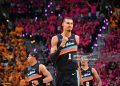 Victor Wembanyama #1 of the San Antonio Spurs celebrates during the game against the Portland Trail Blazers during Round One Game One of the 2026 NBA Playoffs (Photos by Michael Gonzales/NBAE via Getty Images)