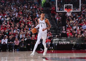Victor Wembanyama #1 of the San Antonio Spurs dribbles the ball during the game against the Portland Trail Blazers during Round 1 Game 4 (Photo by Brian Babineau/NBAE via Getty Images)
