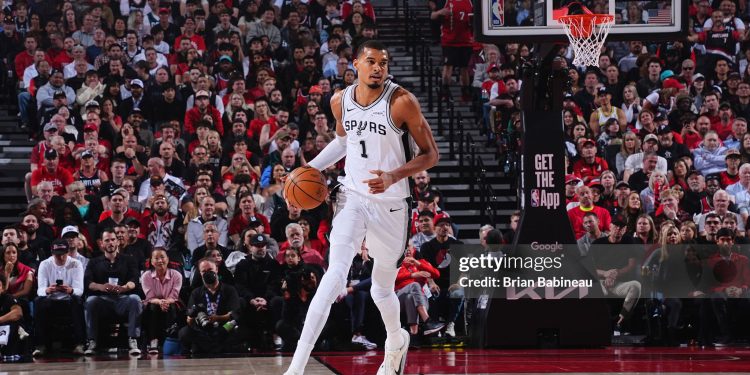Victor Wembanyama #1 of the San Antonio Spurs dribbles the ball during the game against the Portland Trail Blazers during Round 1 Game 4 (Photo by Brian Babineau/NBAE via Getty Images)