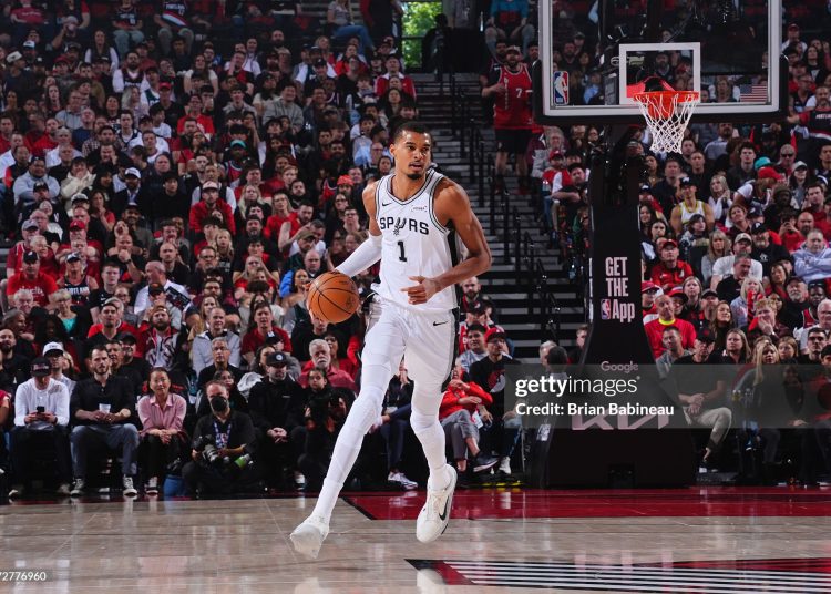 Victor Wembanyama #1 of the San Antonio Spurs dribbles the ball during the game against the Portland Trail Blazers during Round 1 Game 4 (Photo by Brian Babineau/NBAE via Getty Images)