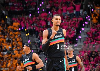Victor Wembanyama #1 of the San Antonio Spurs celebrates during the game against the Portland Trail Blazers during Round One Game One of the 2026 NBA Playoffs (Photos by Michael Gonzales/NBAE via Getty Images)