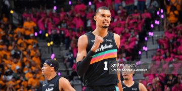Victor Wembanyama #1 of the San Antonio Spurs celebrates during the game against the Portland Trail Blazers during Round One Game One of the 2026 NBA Playoffs (Photos by Michael Gonzales/NBAE via Getty Images)