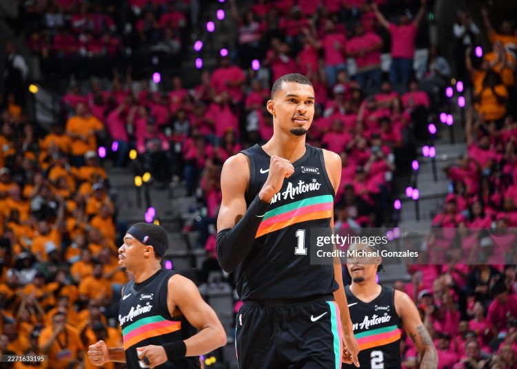 Victor Wembanyama #1 of the San Antonio Spurs celebrates during the game against the Portland Trail Blazers during Round One Game One of the 2026 NBA Playoffs (Photos by Michael Gonzales/NBAE via Getty Images)