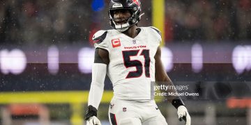Will Anderson Jr. #51 of the Houston Texans looks on during an NFC Divisional Playoff game against the New England Patriots (Photo by Michael Owens/Getty Images)