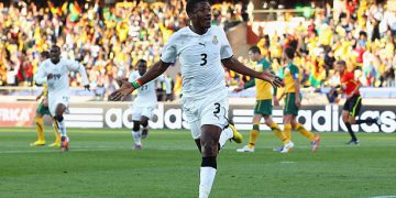 Asamoah Gyan of Ghana celebrates scoring a penalty during the 2010 FIFA World Cup South Africa Group D match between Ghana and Australia at the Royal Bafokeng Stadium on June 19, 2010 in Rustenburg, South Africa. Photo by Robert Cianflone/Getty Images