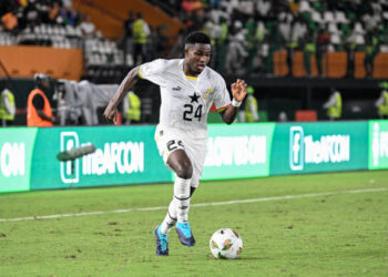 Ghana's forward #24 Ernest Nuamah runs with the ball during the Africa Cup of Nations (CAN) 2024 group B football match between Ghana and Cape Verde at the Felix Houphouet-Boigny Stadium in Abidjan on January 14, 2024. Photo by SIA KAMBOU/AFP via Getty Images