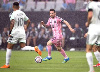 Lionel Messi of Inter Miami CF in action during first half of the game against Austin FC at Nu Stadium. Photo by Michael Pimentel/ISI Photos/ISI Photos via Getty Images