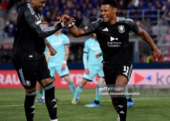 Ollie Watkins of Aston Villa celebrates scoring his team's third goal during the UEFA Europa League 2025/26 Quarter-Final Leg One match between Bologna FC 1909 and Aston Villa FC (Photo by Alessandro Sabattini/Getty Images)