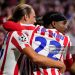 Ademola Lookman second striker of Atletico de Madrid and Nigeria celebrates after scoring his sides first goal during the UEFA Champions League 2025/26 Quarter-Final Second Leg match between Club Atlético de Madrid and FC Barcelona (Photo by Jose Breton/Pics Action/NurPhoto via Getty Images)