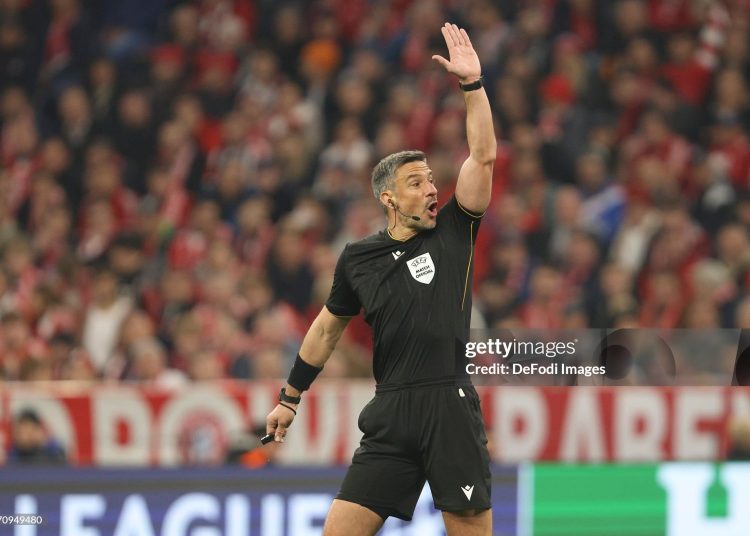 Referee Slavko Vincic gestures during the UEFA Champions League 2025/26 Quarter-Final Second Leg match between FC Bayern München and Real Madrid CF (Photo by Oliver Kaelke/DeFodi Images/DeFodi via Getty Images)