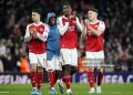 (left to right) Arsenal's Gabriel Martinelli, Arsenal's Cristhian Mosquera and Viktor Gyokeres applaud the fans at full-time during the UEFA Champions League quarter-final second leg match (Photo by Nick Potts/PA Images via Getty Images)