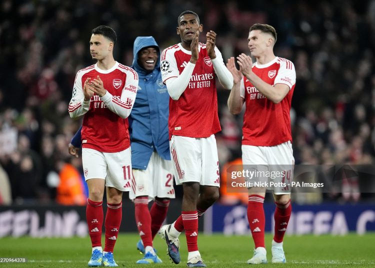 (left to right) Arsenal's Gabriel Martinelli, Arsenal's Cristhian Mosquera and Viktor Gyokeres applaud the fans at full-time during the UEFA Champions League quarter-final second leg match (Photo by Nick Potts/PA Images via Getty Images)
