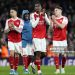 (left to right) Arsenal's Gabriel Martinelli, Arsenal's Cristhian Mosquera and Viktor Gyokeres applaud the fans at full-time during the UEFA Champions League quarter-final second leg match (Photo by Nick Potts/PA Images via Getty Images)