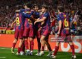Ferran Torres of FC Barcelona celebrates scoring his team's second goal with teammates during the UEFA Champions League 2025/26 Quarter-Final Second Leg match between Club Atlético de Madrid and FC Barcelona (Photo by Denis Doyle/Getty Images)