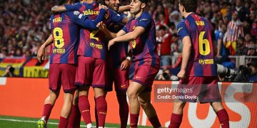 Ferran Torres of FC Barcelona celebrates scoring his team's second goal with teammates during the UEFA Champions League 2025/26 Quarter-Final Second Leg match between Club Atlético de Madrid and FC Barcelona (Photo by Denis Doyle/Getty Images)
