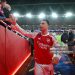 Gabriel Martinelli of Arsenal interacts with the fans as he leaves the field following the team's victory in the UEFA Champions League 2025/26 Quarter-Final Second Leg match between Arsenal FC and Sporting Clube de Portugal (Photo by Stuart MacFarlane/Arsenal FC via Getty Images)
