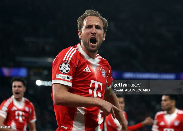 Bayern Munich's English forward #09 Harry Kane celebrates after scoring his team first goal during the UEFA Champions League semi-final first leg football match between Paris Saint-Germain (PSG) and Bayern Munich (Photo by ALAIN JOCARD / AFP via Getty Images)