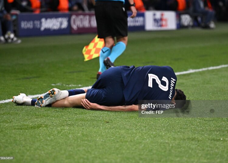 Achraf HAKIMI of Paris Saint-Germain during the UEFA Champions League match between Paris and Bayern Munich (Photo by Anthony Bibard/FEP/Icon Sport via Getty Images)