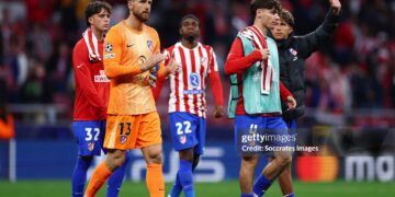 (L-R) Javier Bonar of Atletico Madrid, Jan Oblak of Atletico Madrid, Rodrigo Mendoza of Atletico Madrid after the match  during the UEFA Champions League  match between Atletico Madrid v Arsenal (Photo by Maria Gracia Jimenez/Soccrates/Getty Images)