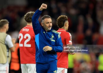 Vitor Pereira Head Coach of Nottingham Forest celebrates after the UEFA Europa League 2025/26 Semi-Final First Leg match between Nottingham Forest FC and Aston Villa FC (Photo by Nigel French/Sportsphoto/Allstar via Getty Images)