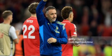 Vitor Pereira Head Coach of Nottingham Forest celebrates after the UEFA Europa League 2025/26 Semi-Final First Leg match between Nottingham Forest FC and Aston Villa FC (Photo by Nigel French/Sportsphoto/Allstar via Getty Images)
